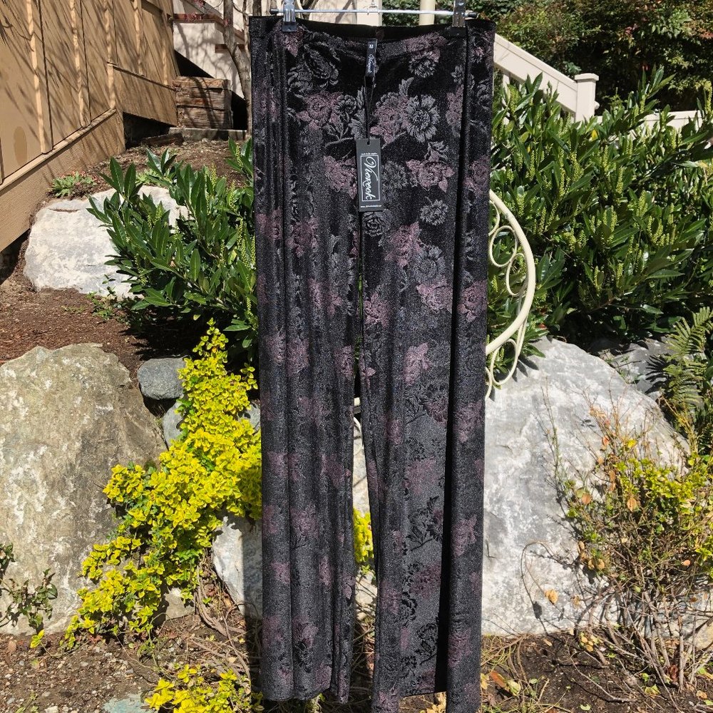 LA Designer | Deborah Viereck | Crushed Microfiber Black Rose Wideleg Pants NEW